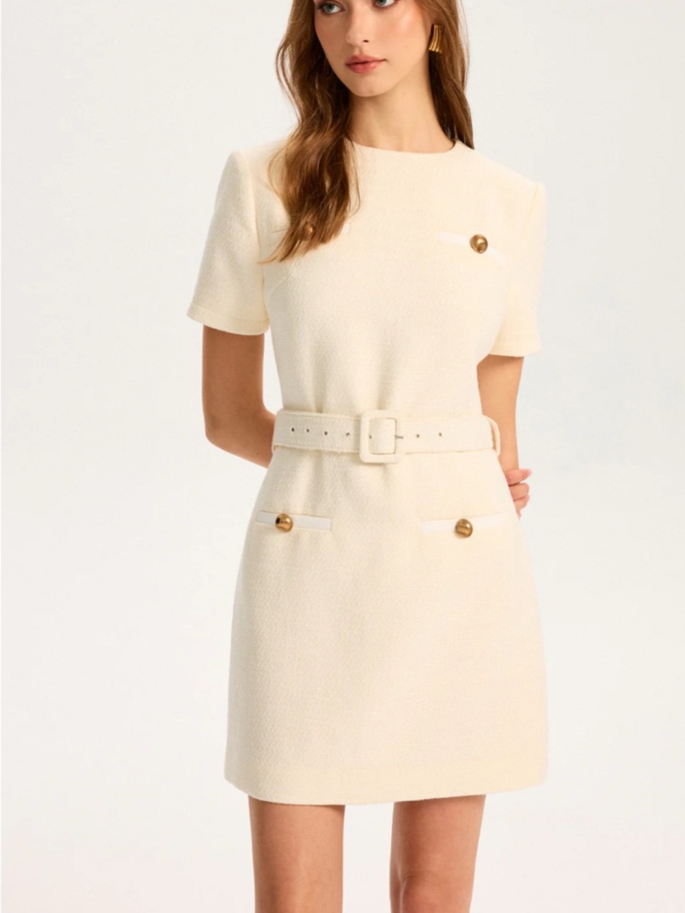 NWT Commense Cream Short Sleeve A-Line Dress with Gold Buttons *missing belt* - Picture 3 of 10